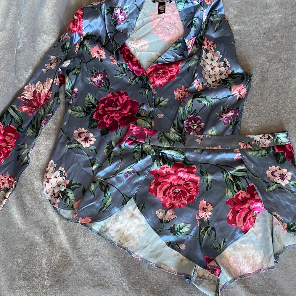 Victorias Secret Floral Satin Pajama Set - Blue with Pink Rose Print
